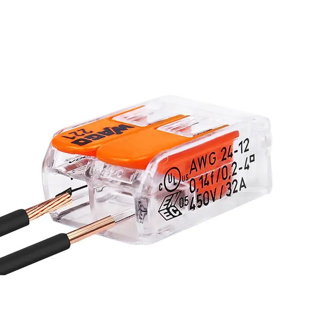 WAGO 221-412 2 Way Push-In Wire Connector – Original WAGO Lever Terminal Block for 0.5–2.5mm² Cables, 32A 450V