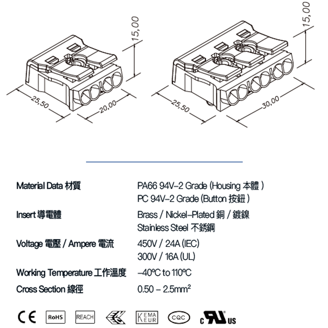 3-Pin Compact Push-In Lever Connector – Quick Wire Splice Terminal for 0.5–2.5mm² Cables, 24A 450V