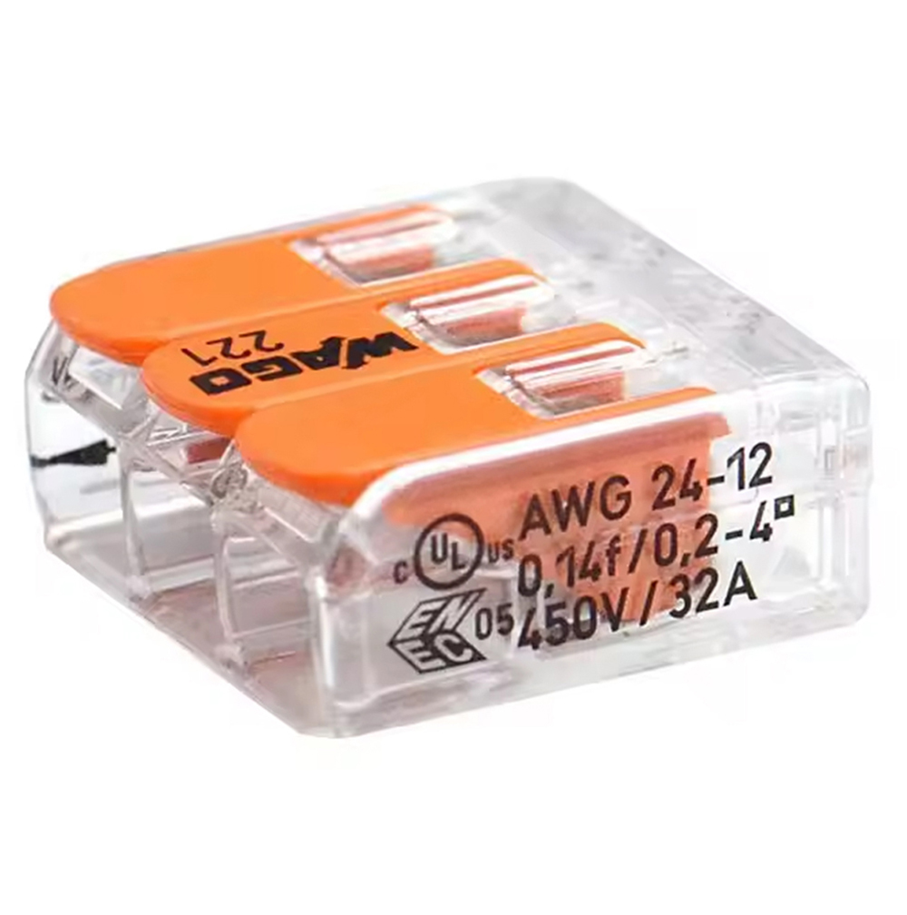 WAGO 221-413 3-Pin Push-In Wire Connector – Original Quick Terminal Block for 0.5–4mm² Cable, 32A 450V